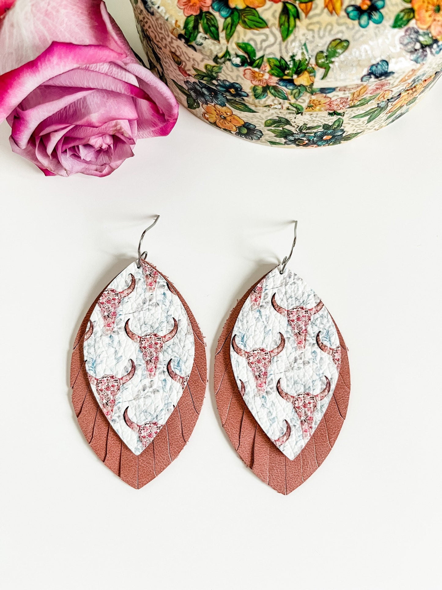 Bohemian Floral Cow Skull Earrings, Coastal Cowgirl, Cherry Pink Distressed Leather Earrings, Floral and Longhorn Skull Earrings