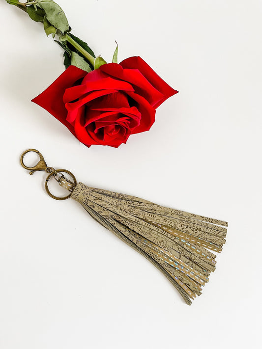 Metallic Leather Purse Tassel, Lace Print Suede, Fringe Tassel, Bag Charm, Purse Tassel, Neutral Leather Tassel, Antique Brass Hardware