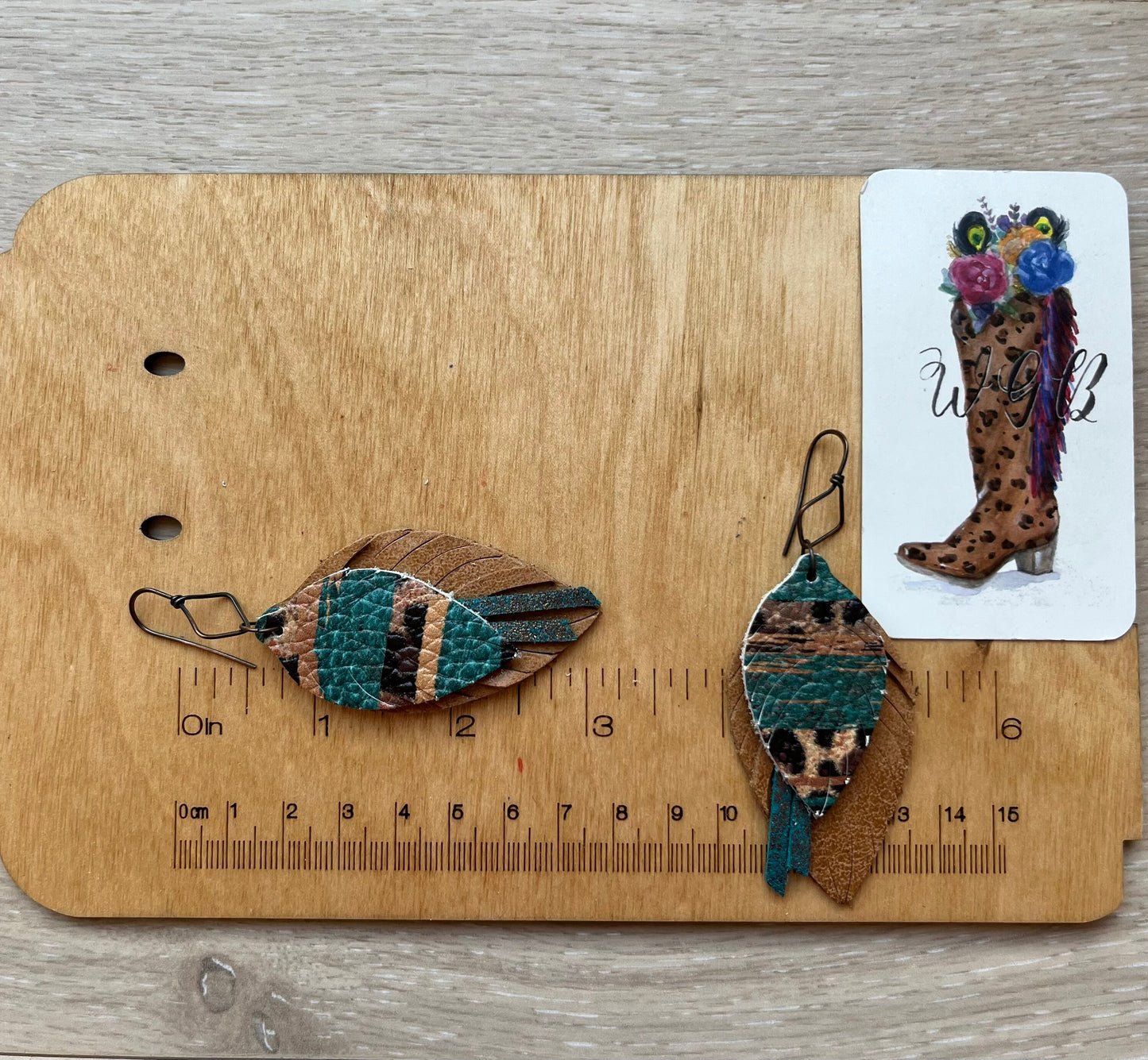 Boho Feather Earrings in Teal and Leopard, Western Leopard Earrings, Coastal Cowgirl Earrings, Metallic Bronze and Teal Earrings