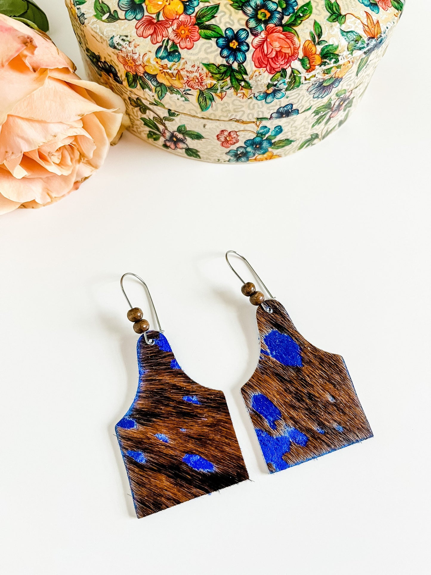 Royal Blue Brindle Hair on Hide Cattle Tag Earrings, Cow Ear Tag Earrings with Wood Beads, Western Earrings, Punchy Earrings