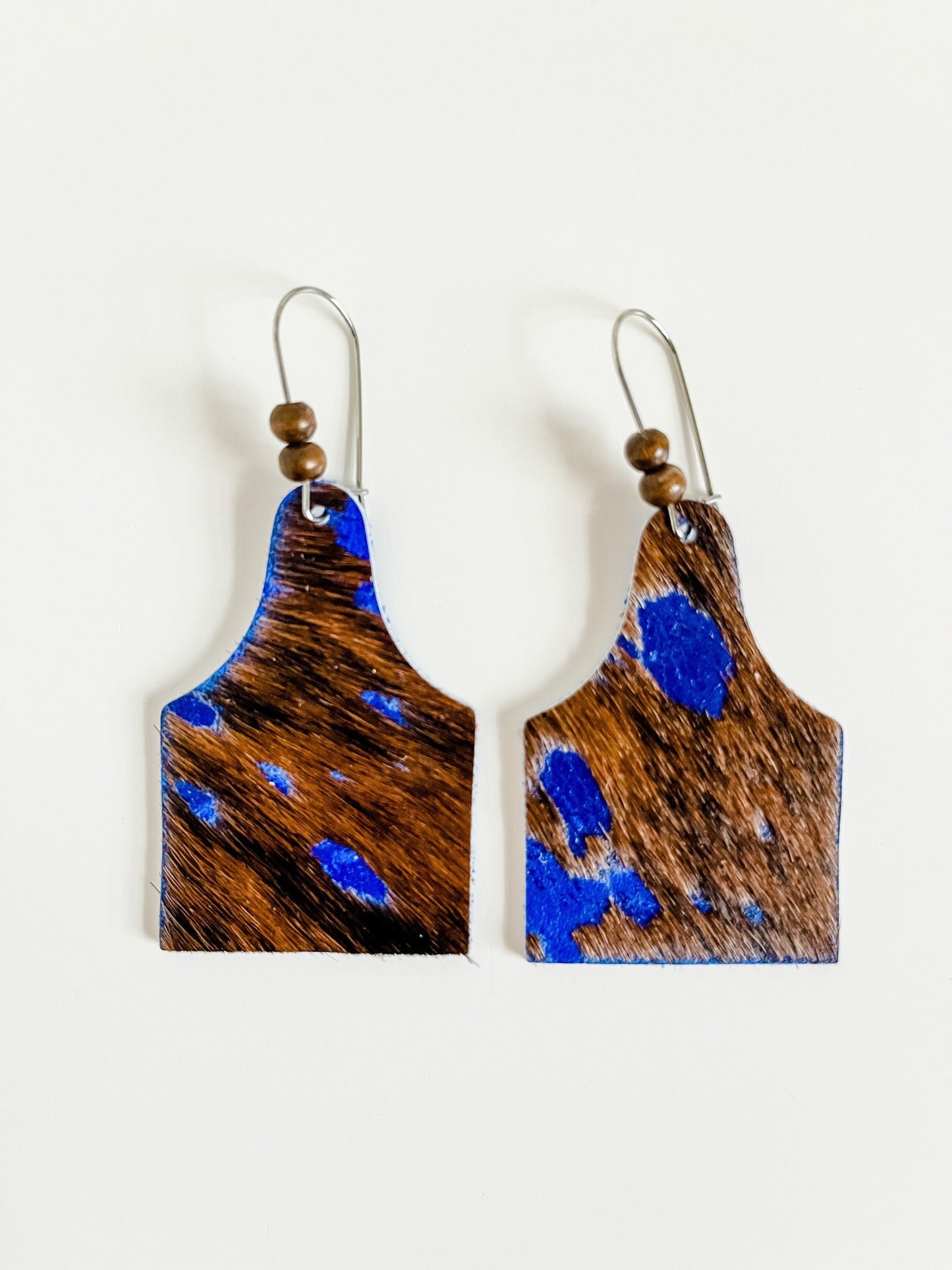 Royal Blue Brindle Hair on Hide Cattle Tag Earrings, Cow Ear Tag Earrings with Wood Beads, Western Earrings, Punchy Earrings