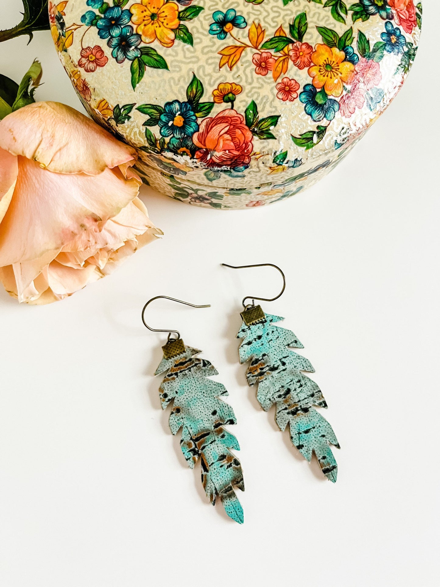 Wildwood Leather Double Sided Feather Earrings, Coastal Cowgirl Earrings, Boho Feather Earrings, Light Turquoise and Bronze, Blue and Silver