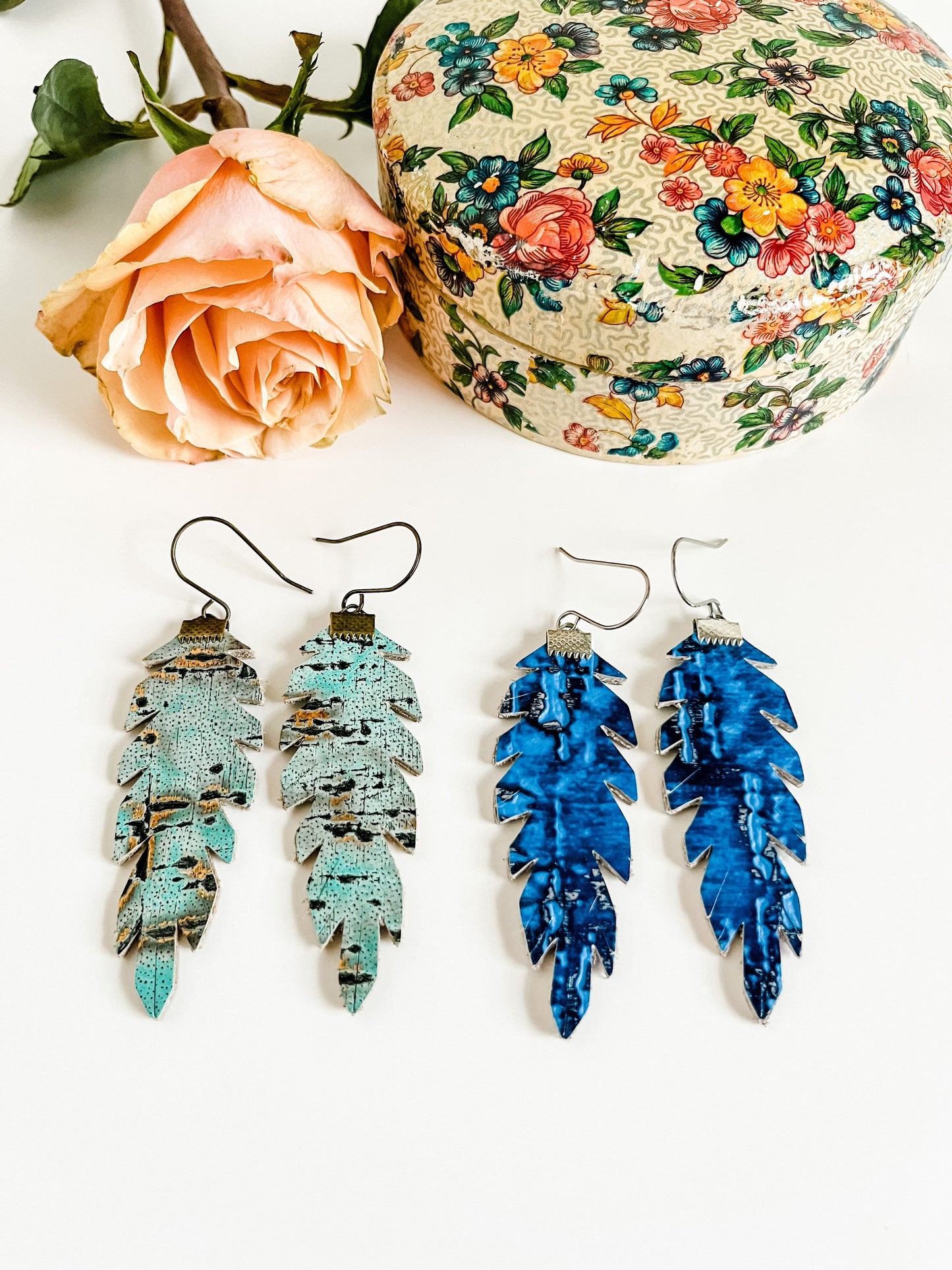 Wildwood Leather Double Sided Feather Earrings, Coastal Cowgirl Earrings, Boho Feather Earrings, Light Turquoise and Bronze, Blue and Silver