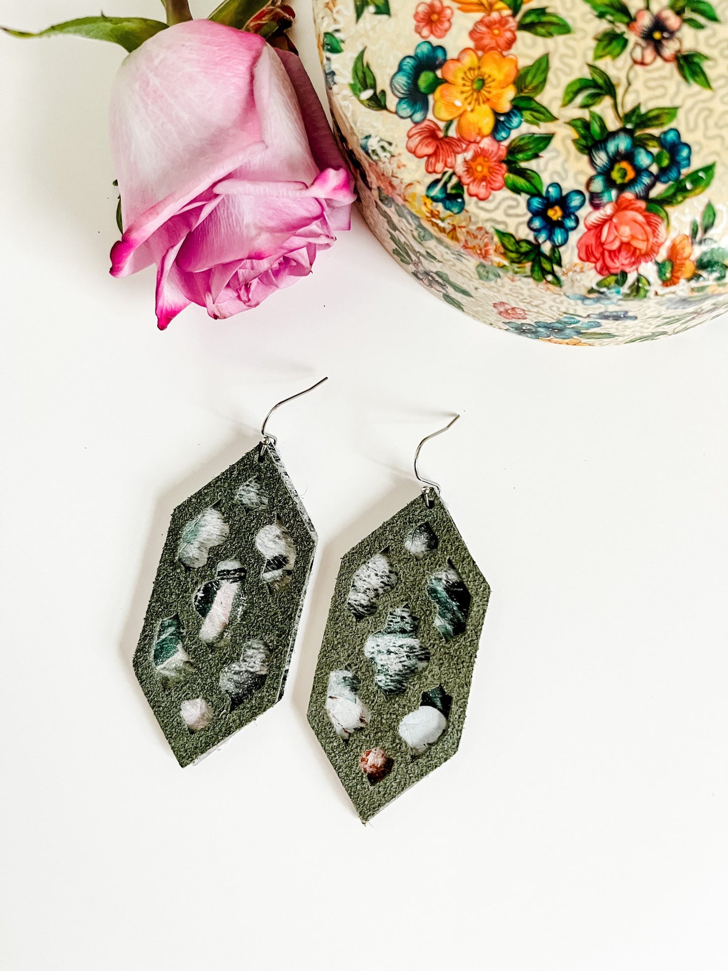 Olive Green Suede and Floral Print Leather Earrings, Quatrefoil Earrings, Neutral Floral and Olive Green Earrings, Festival Earrings