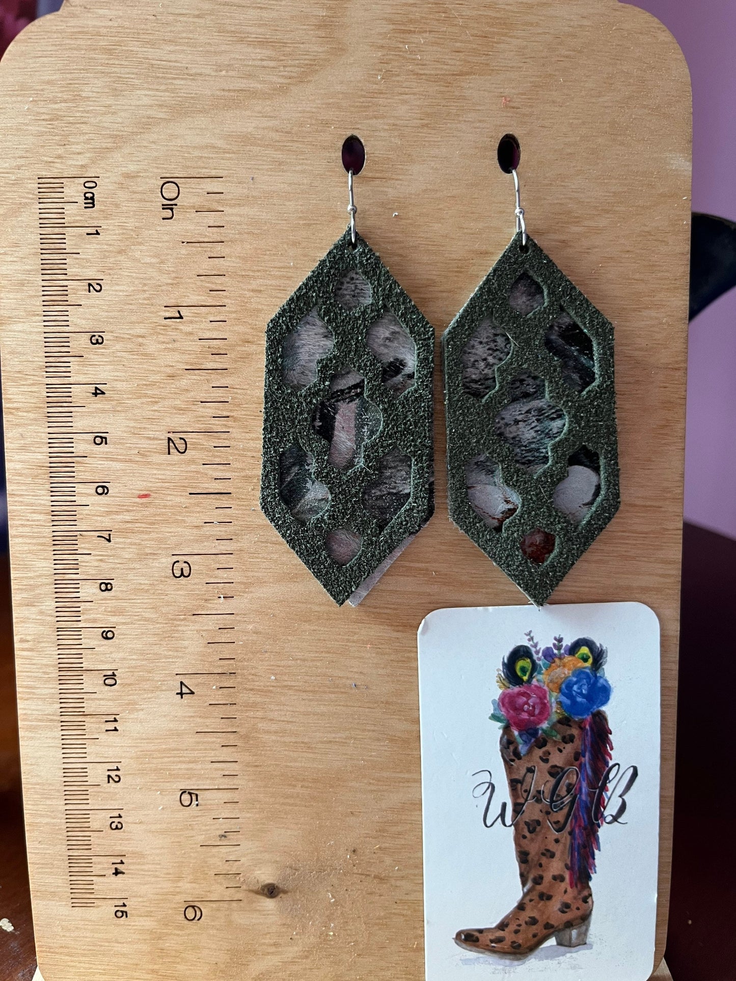 Olive Green Suede and Floral Print Leather Earrings, Quatrefoil Earrings, Neutral Floral and Olive Green Earrings, Festival Earrings