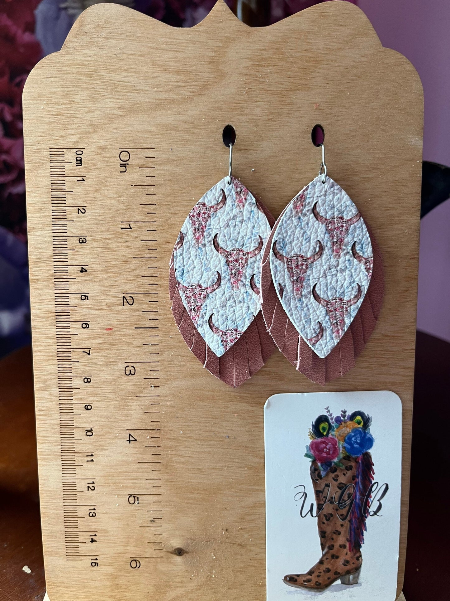 Bohemian Floral Cow Skull Earrings, Coastal Cowgirl, Cherry Pink Distressed Leather Earrings, Floral and Longhorn Skull Earrings