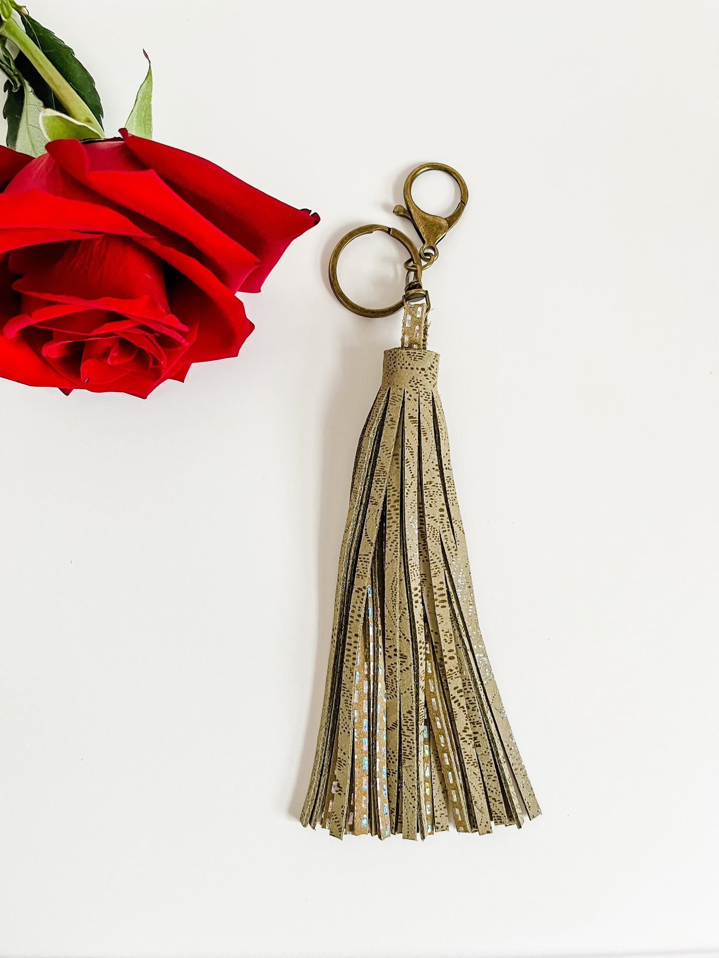 Metallic Leather Purse Tassel, Lace Print Suede, Fringe Tassel, Bag Charm, Purse Tassel, Neutral Leather Tassel, Antique Brass Hardware