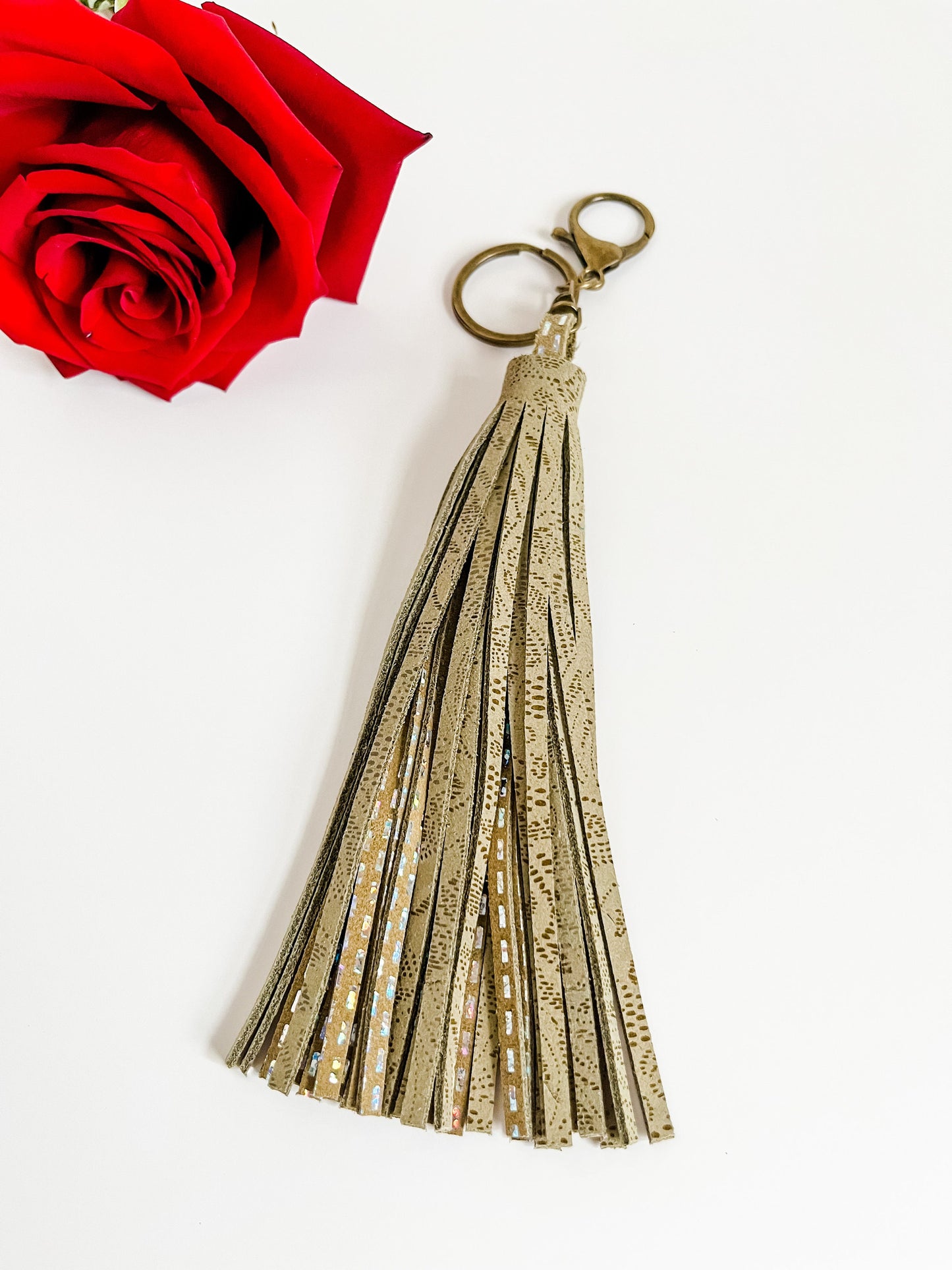 Metallic Leather Purse Tassel, Lace Print Suede, Fringe Tassel, Bag Charm, Purse Tassel, Neutral Leather Tassel, Antique Brass Hardware