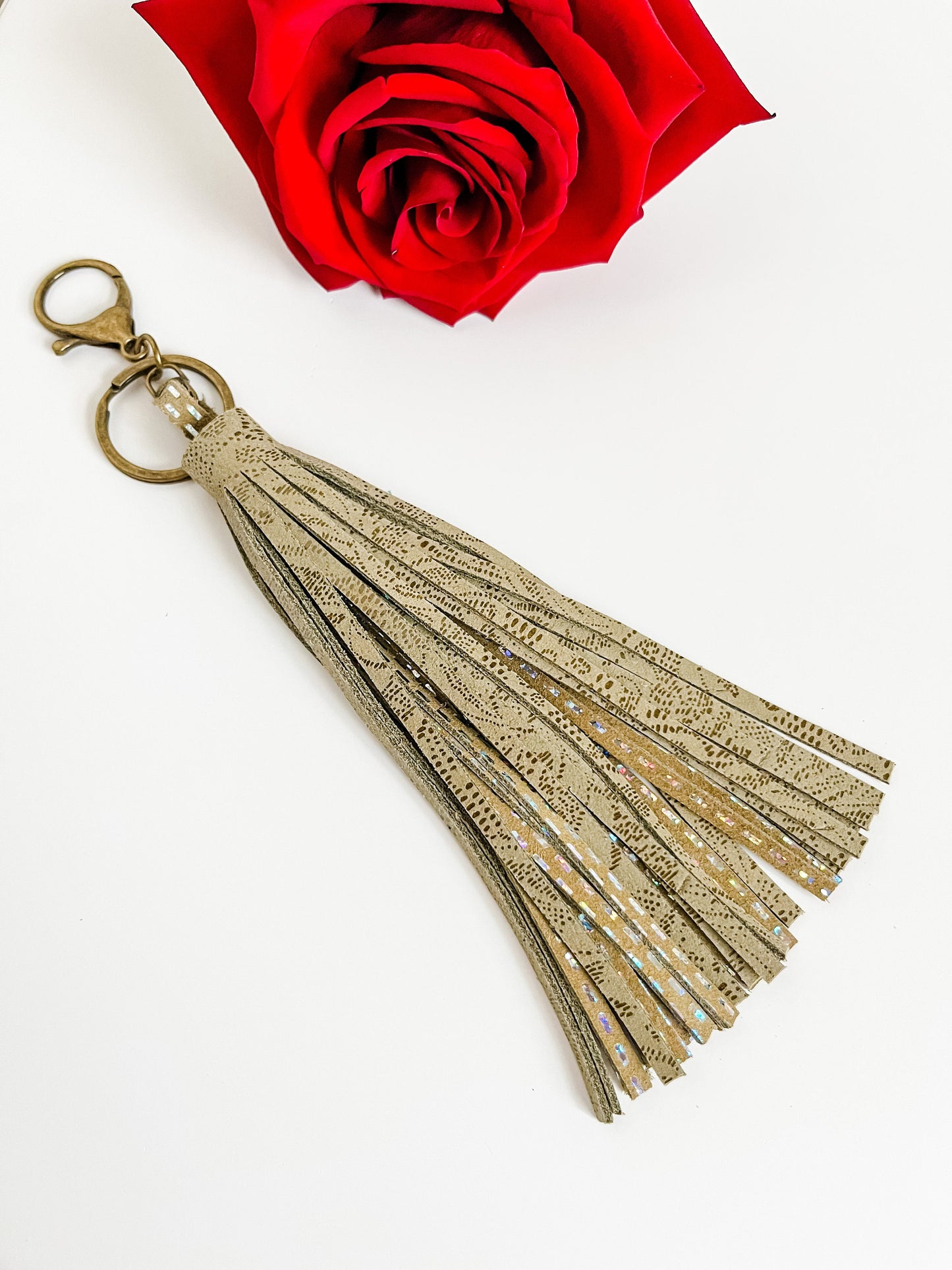 Metallic Leather Purse Tassel, Lace Print Suede, Fringe Tassel, Bag Charm, Purse Tassel, Neutral Leather Tassel, Antique Brass Hardware