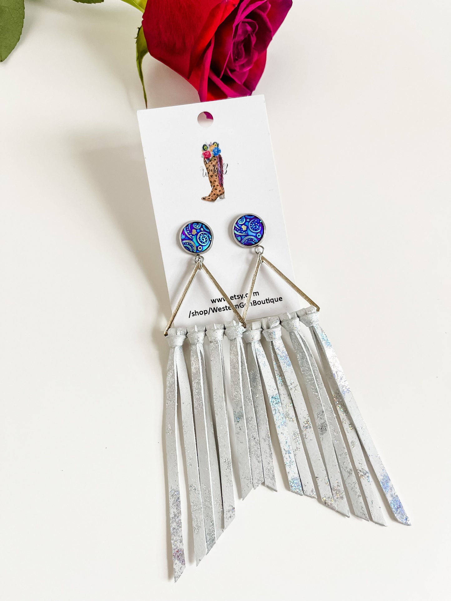 Metallic White Leather Fringe Earrings, Iridescent Blue Purple Stud Posts with Leather Fringe, Maximalist Earrings, Long Fringe Earrings