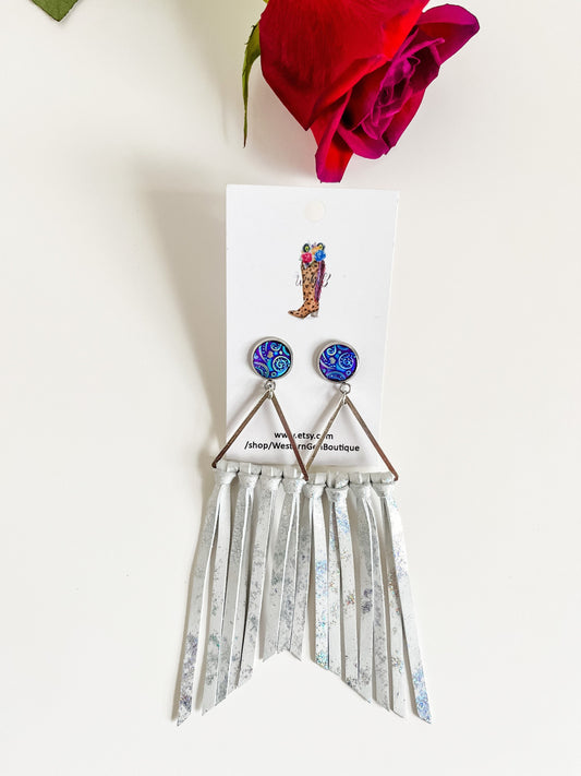 Metallic White Leather Fringe Earrings, Iridescent Blue Purple Stud Posts with Leather Fringe, Maximalist Earrings, Long Fringe Earrings