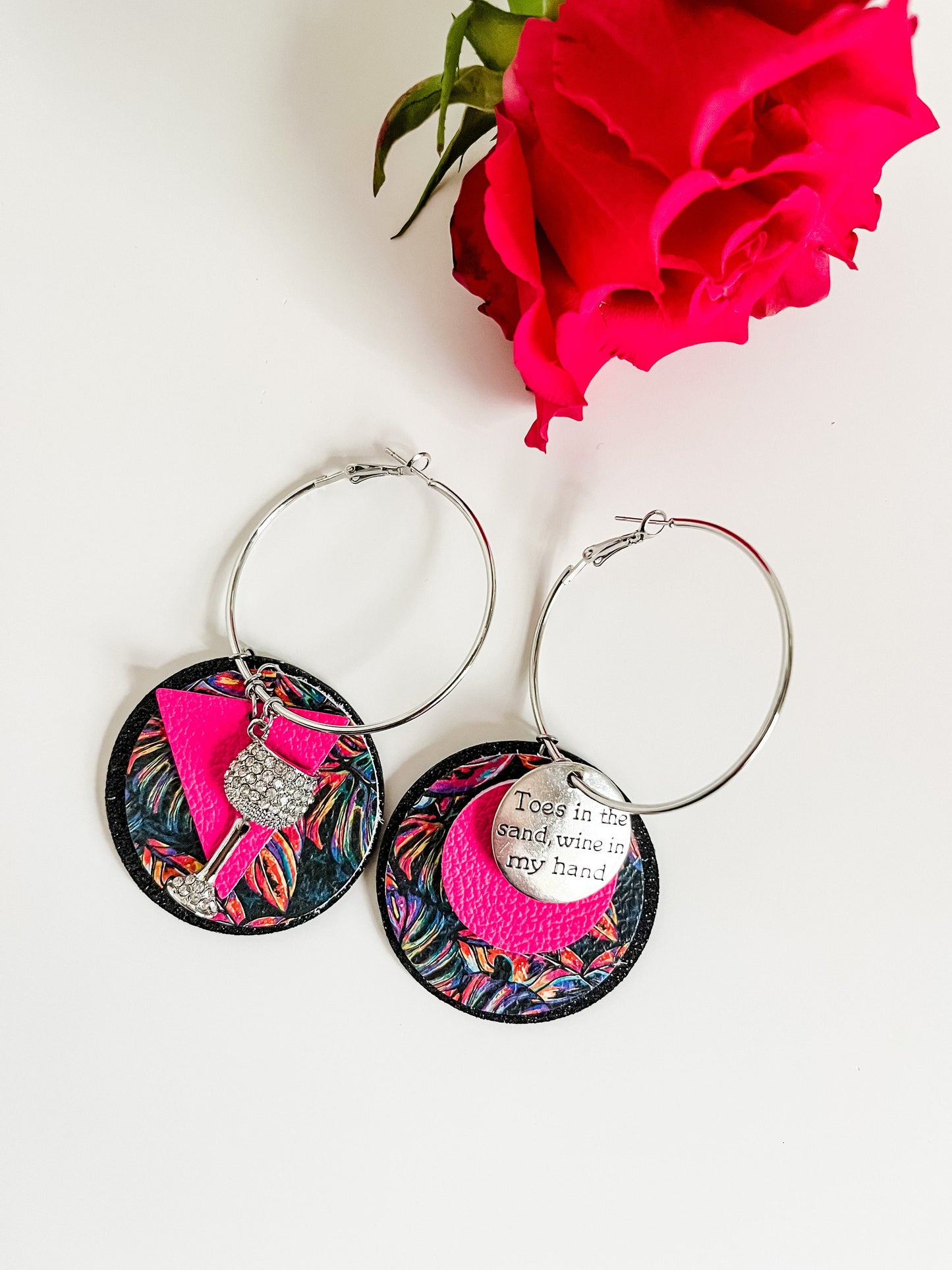 Beach Hoop Earrings, Bling Wine Glass Earrings, Day Drinking, Monstera Earrings, Hot Pink Circle Dangle Earrings, Quirky Mismatched Earrings