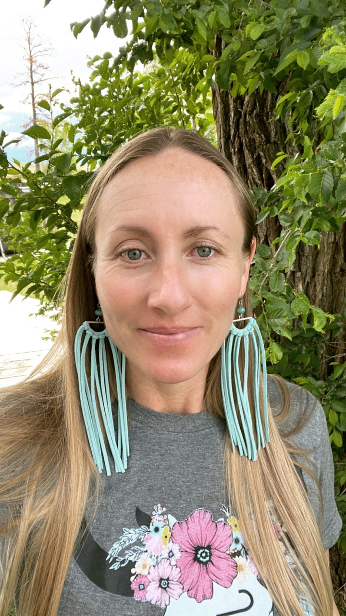 Long Leather Fringe Earrings, Aqua Leather Fringe Half Moon Earrings with Aqua Bead Drops, Festival Earrings, Coastal Cowgirl Earrings