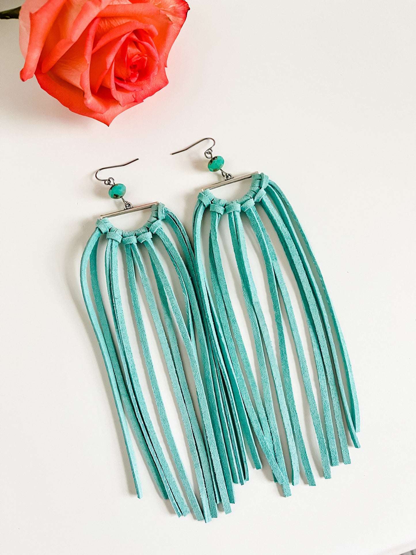 Long Leather Fringe Earrings, Aqua Leather Fringe Half Moon Earrings with Aqua Bead Drops, Festival Earrings, Coastal Cowgirl Earrings