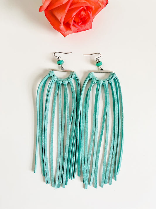 Long Leather Fringe Earrings, Aqua Leather Fringe Half Moon Earrings with Aqua Bead Drops, Festival Earrings, Coastal Cowgirl Earrings