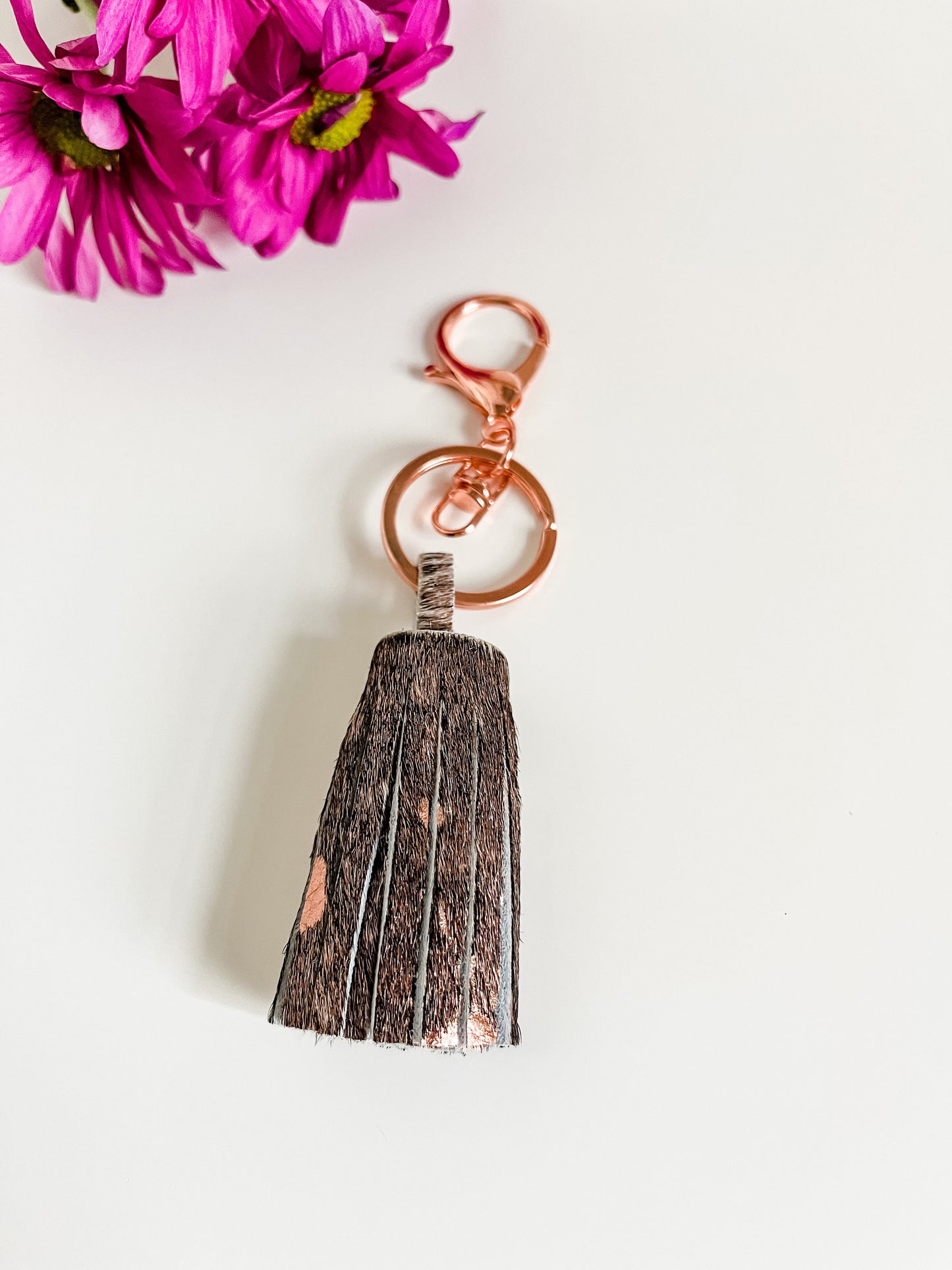 Rose Gold Acid Wash Hair on Hide Purse Tassel, Leather Tassel, Purse Charm, Tassel Keychain, Metallic Tassel, Rose Gold Bag Flair Charm