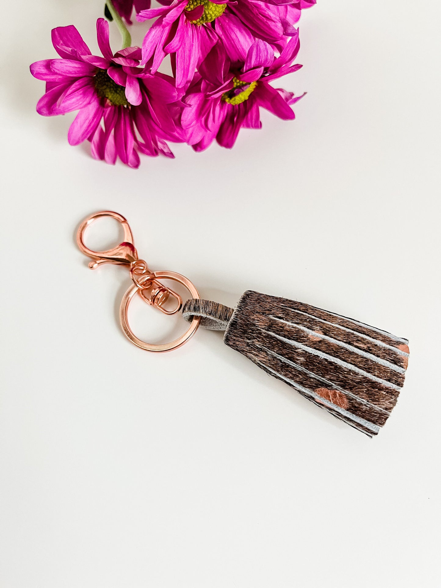 Rose Gold Acid Wash Hair on Hide Purse Tassel, Leather Tassel, Purse Charm, Tassel Keychain, Metallic Tassel, Rose Gold Bag Flair Charm