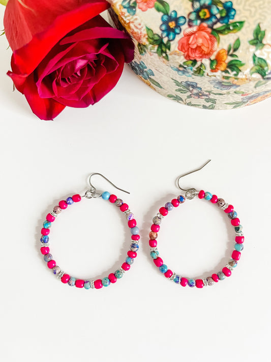 Boho Bead Hoop Earrings, Handmade Bead Earrings, Coastal Cowgirl Hoop Earrings, Pink Western Earrings, Sea Sediment Jasper Earrings