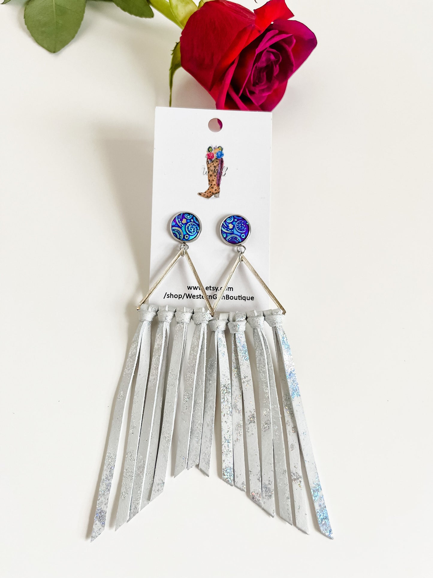 Metallic White Leather Fringe Earrings, Iridescent Blue Purple Stud Posts with Leather Fringe, Maximalist Earrings, Long Fringe Earrings