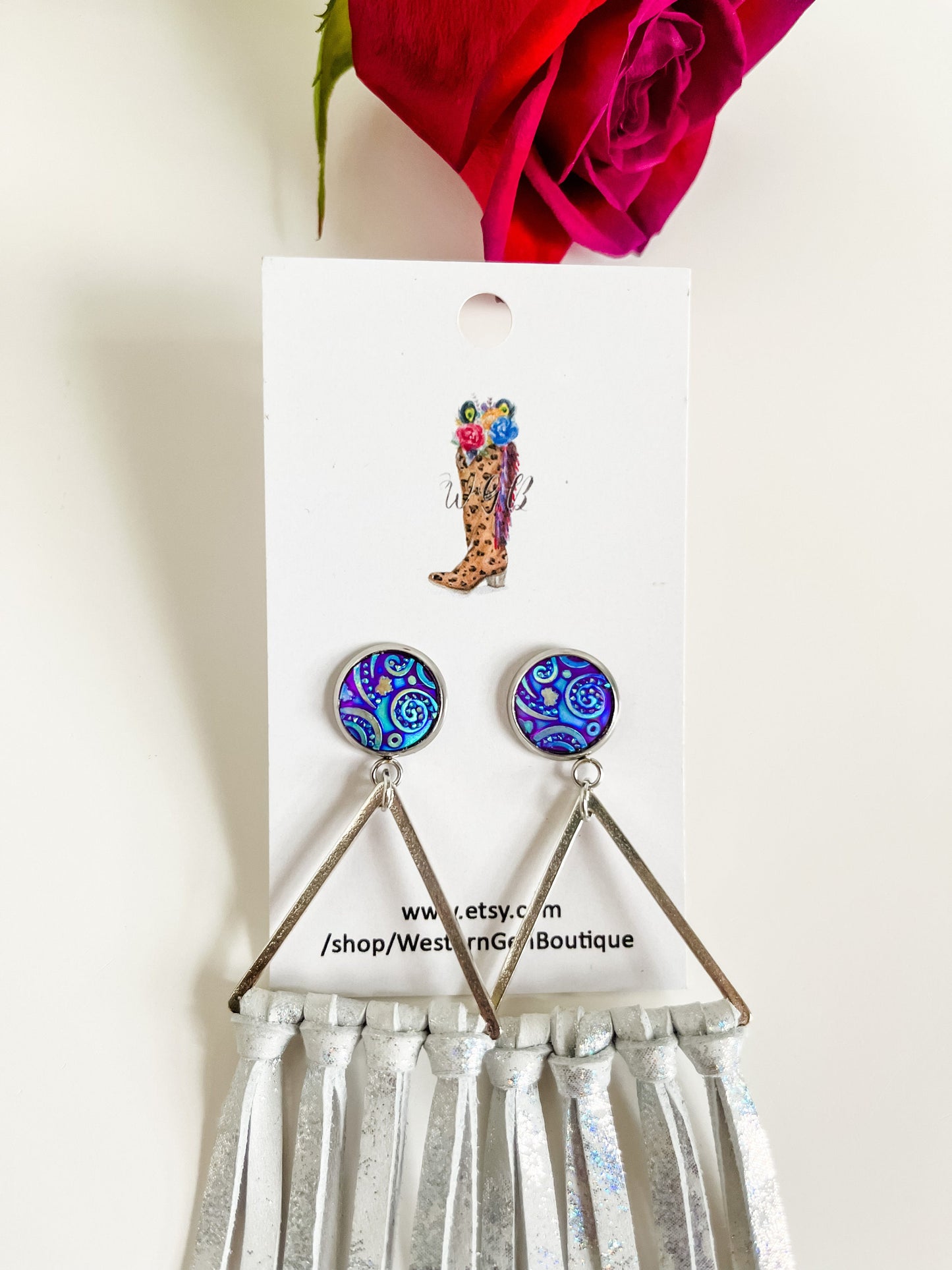 Metallic White Leather Fringe Earrings, Iridescent Blue Purple Stud Posts with Leather Fringe, Maximalist Earrings, Long Fringe Earrings