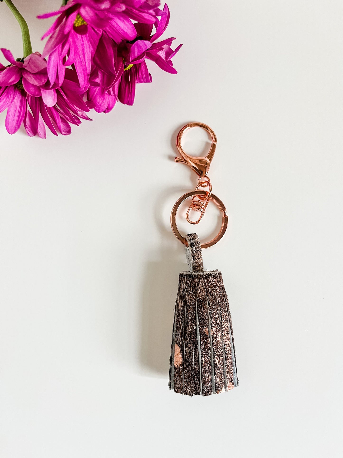 Rose Gold Acid Wash Hair on Hide Purse Tassel, Leather Tassel, Purse Charm, Tassel Keychain, Metallic Tassel, Rose Gold Bag Flair Charm