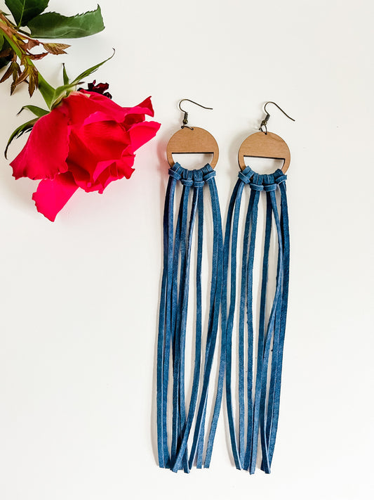 Navy Blue Long Leather Fringe Earrings, Blue Fringe on Wood Hoops, Boho Chic Fringe Earrings, Coastal Cowgirl Earrings, Festival Earrings