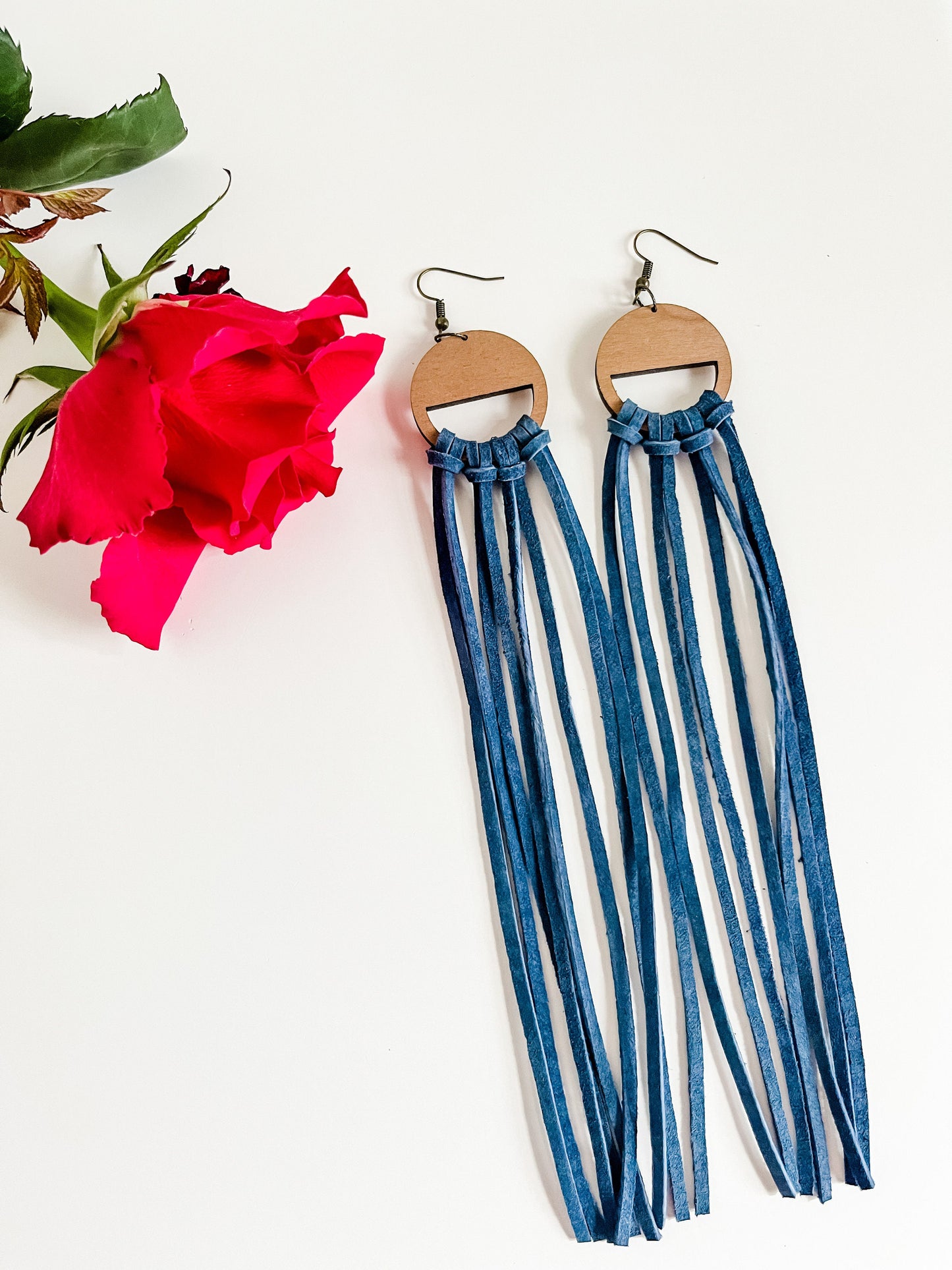 Navy Blue Long Leather Fringe Earrings, Blue Fringe on Wood Hoops, Boho Chic Fringe Earrings, Coastal Cowgirl Earrings, Festival Earrings