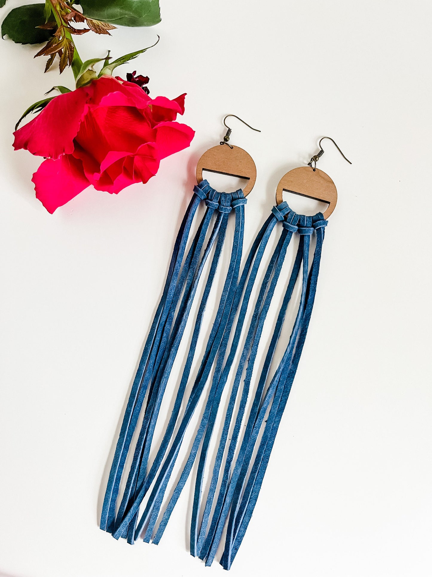 Navy Blue Long Leather Fringe Earrings, Blue Fringe on Wood Hoops, Boho Chic Fringe Earrings, Coastal Cowgirl Earrings, Festival Earrings