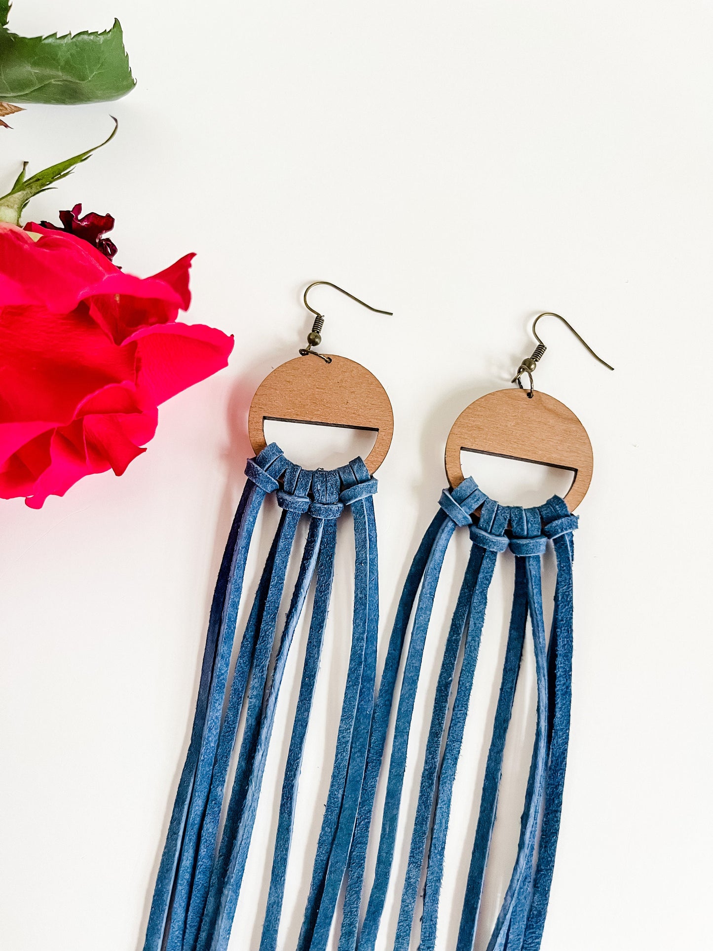 Navy Blue Long Leather Fringe Earrings, Blue Fringe on Wood Hoops, Boho Chic Fringe Earrings, Coastal Cowgirl Earrings, Festival Earrings