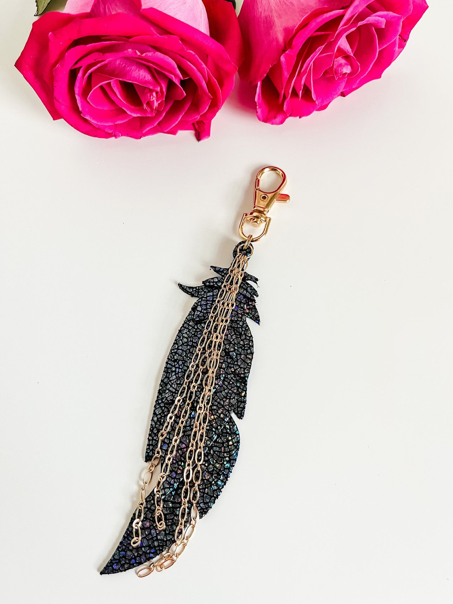 Metallic Black Leather Feather Purse Charm with Gold Chain Tassel, Black Feather Bag Charm, Bag Flair, Purse Swag, Feather Keychain