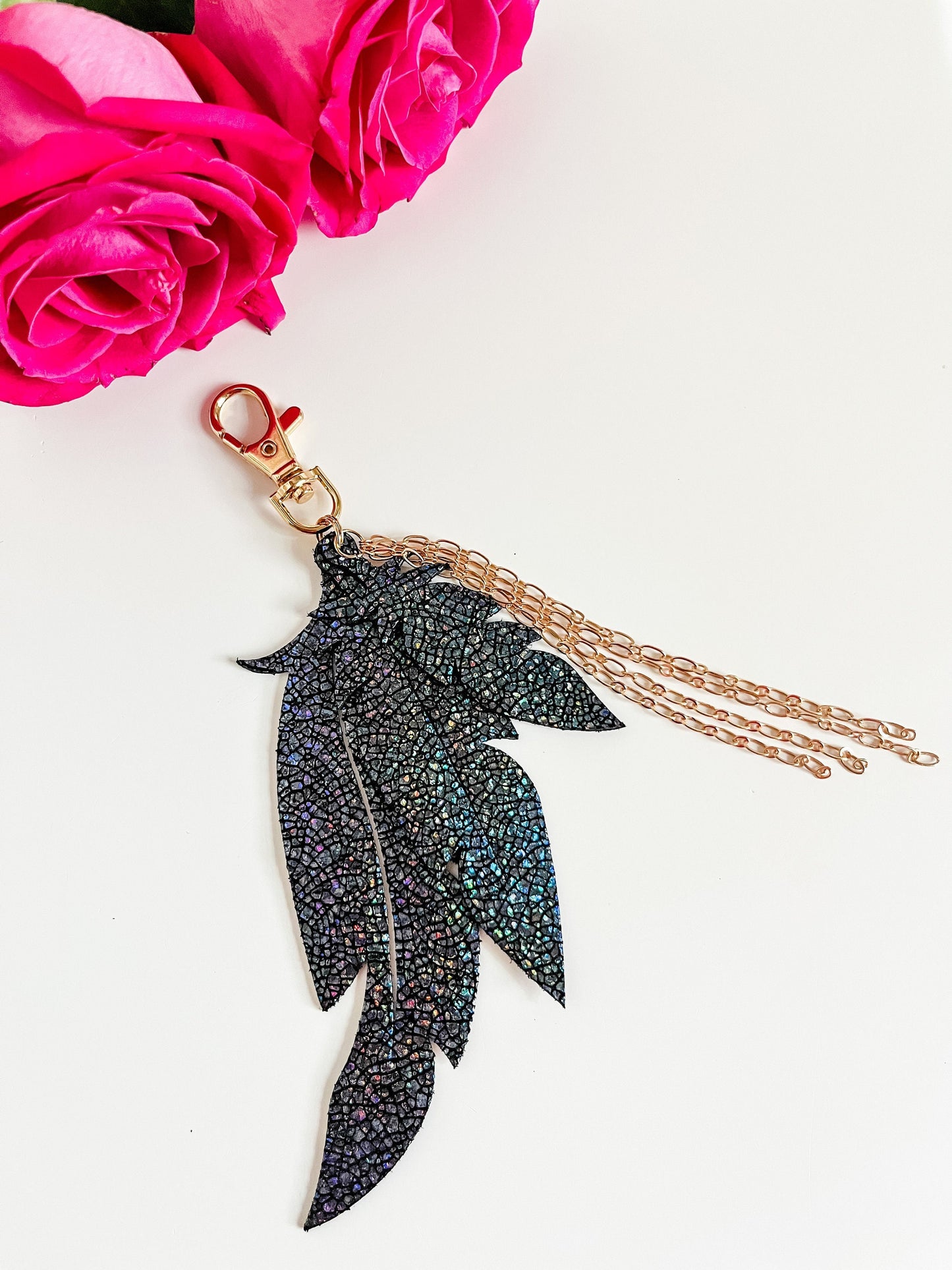 Metallic Black Leather Feather Purse Charm with Gold Chain Tassel, Black Feather Bag Charm, Bag Flair, Purse Swag, Feather Keychain