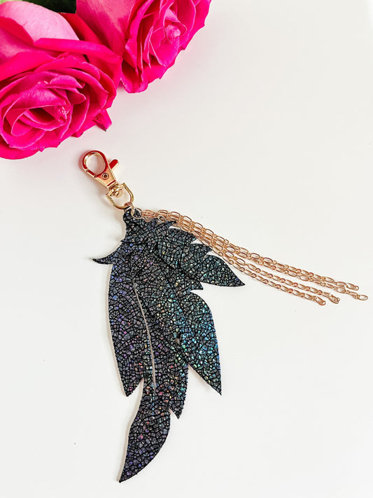 Metallic Black Leather Feather Purse Charm with Gold Chain Tassel, Black Feather Bag Charm, Bag Flair, Purse Swag, Feather Keychain