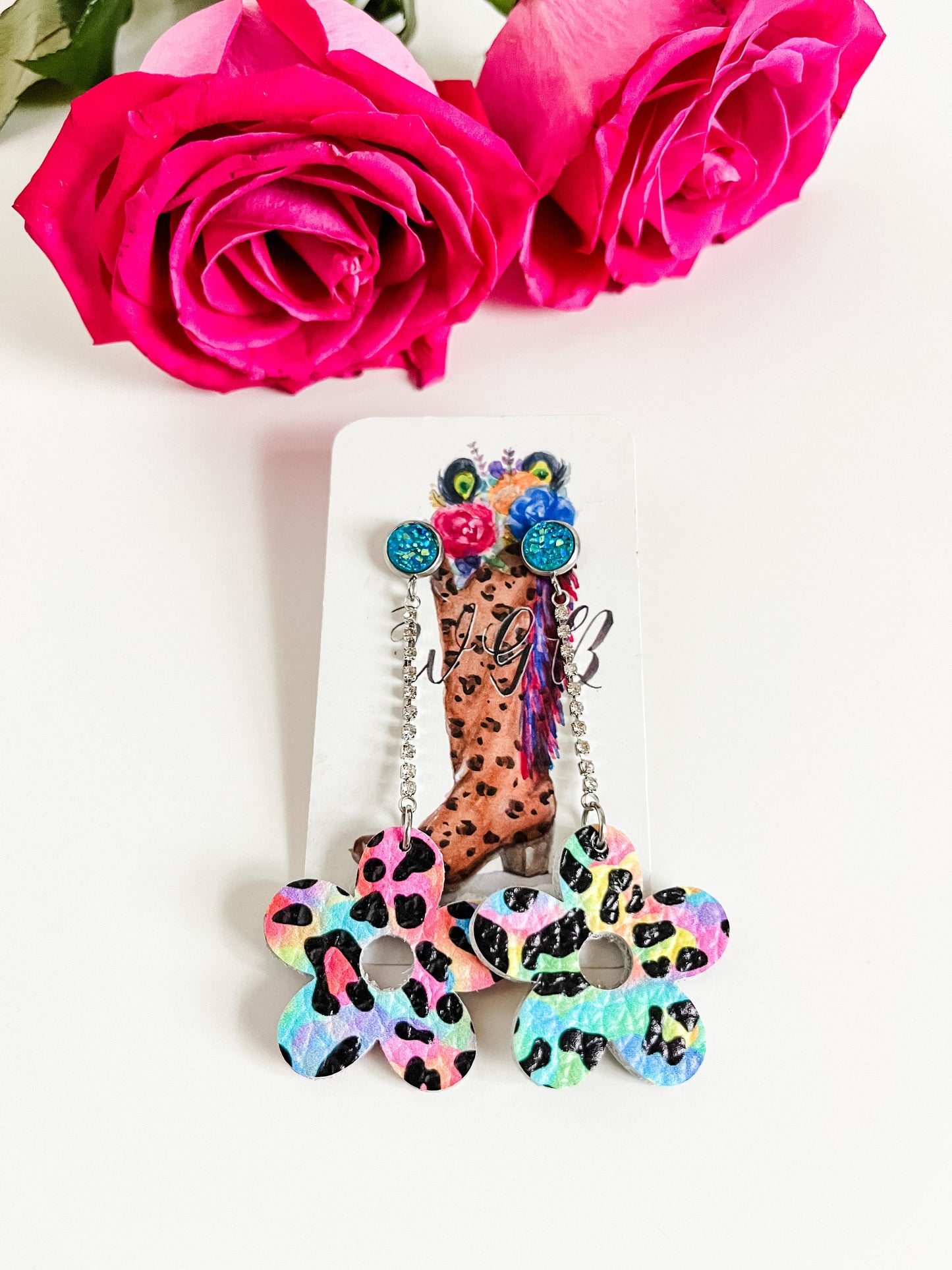 Neon Leopard Print Flower Earrings, Cute Flower Dangle Earrings with Rhinestone Chain, Lisa Frank Inspired Earrings, Quirky Retro Earrings