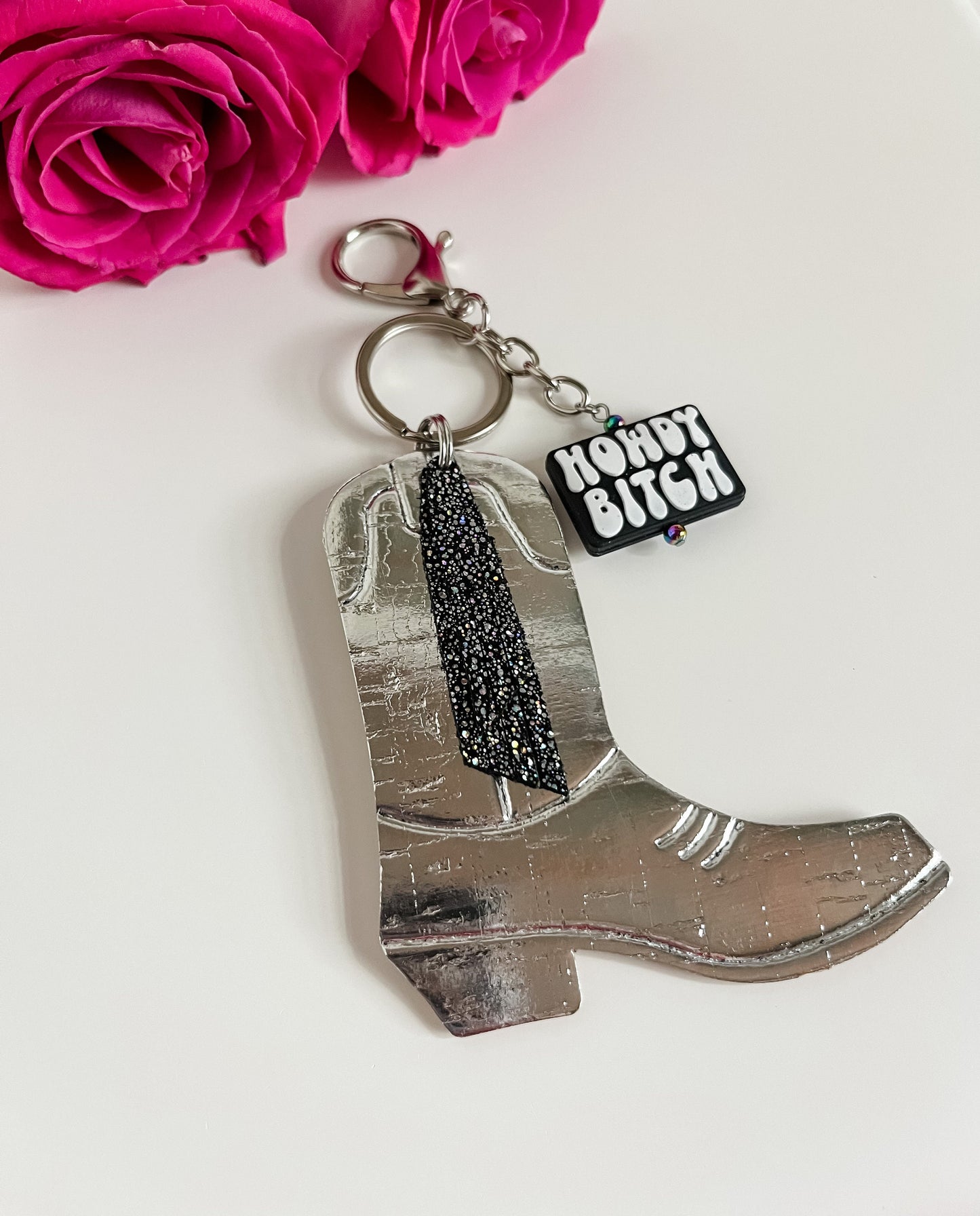 Cowgirl Boot Keychain with Fringe and Howdy Bitch Charm, Howdy Bitch Keychain, Saddle Charm, Purse Charm, Western Bag Bling, Boot Charm