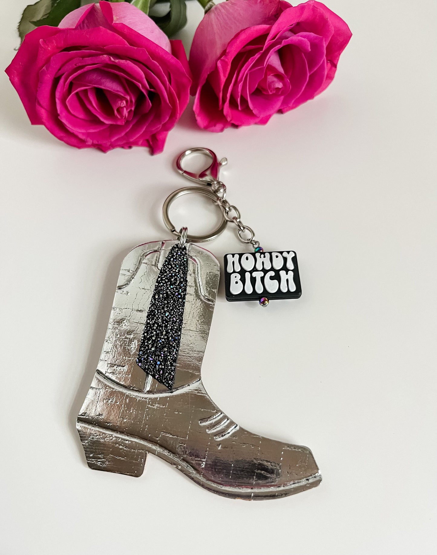 Cowgirl Boot Keychain with Fringe and Howdy Bitch Charm, Howdy Bitch Keychain, Saddle Charm, Purse Charm, Western Bag Bling, Boot Charm