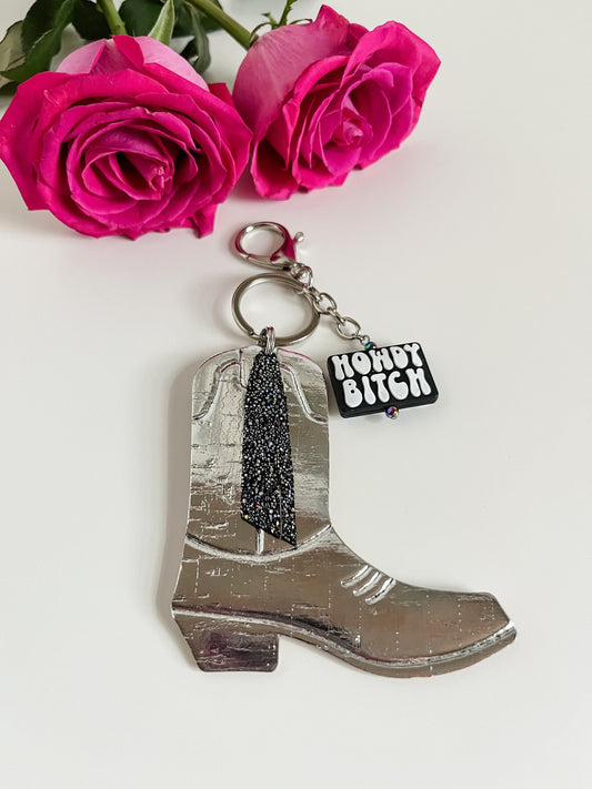 Cowgirl Boot Keychain with Fringe and Howdy Bitch Charm, Howdy Bitch Keychain, Saddle Charm, Purse Charm, Western Bag Bling, Boot Charm