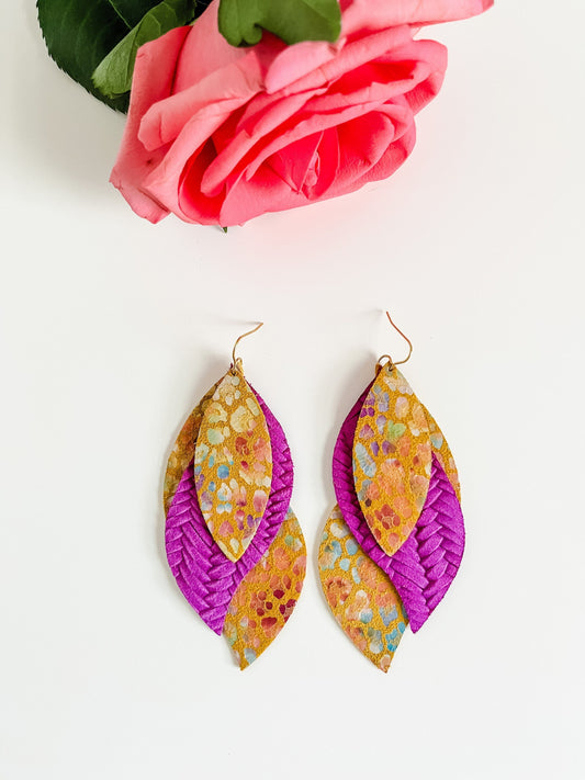 Vibrant Leopard Statement Earrings, Shimmery Rainbow Leopard Print on Yellow Suede, Bright Purple Woven Leather, Layered Petal Earrings