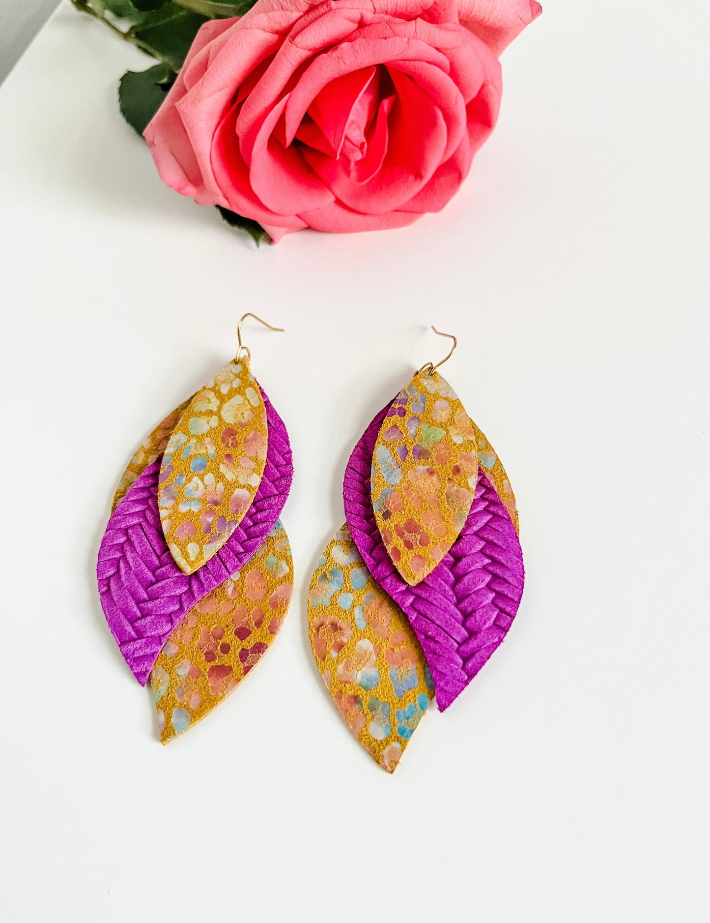 Vibrant Leopard Statement Earrings, Shimmery Rainbow Leopard Print on Yellow Suede, Bright Purple Woven Leather, Layered Petal Earrings