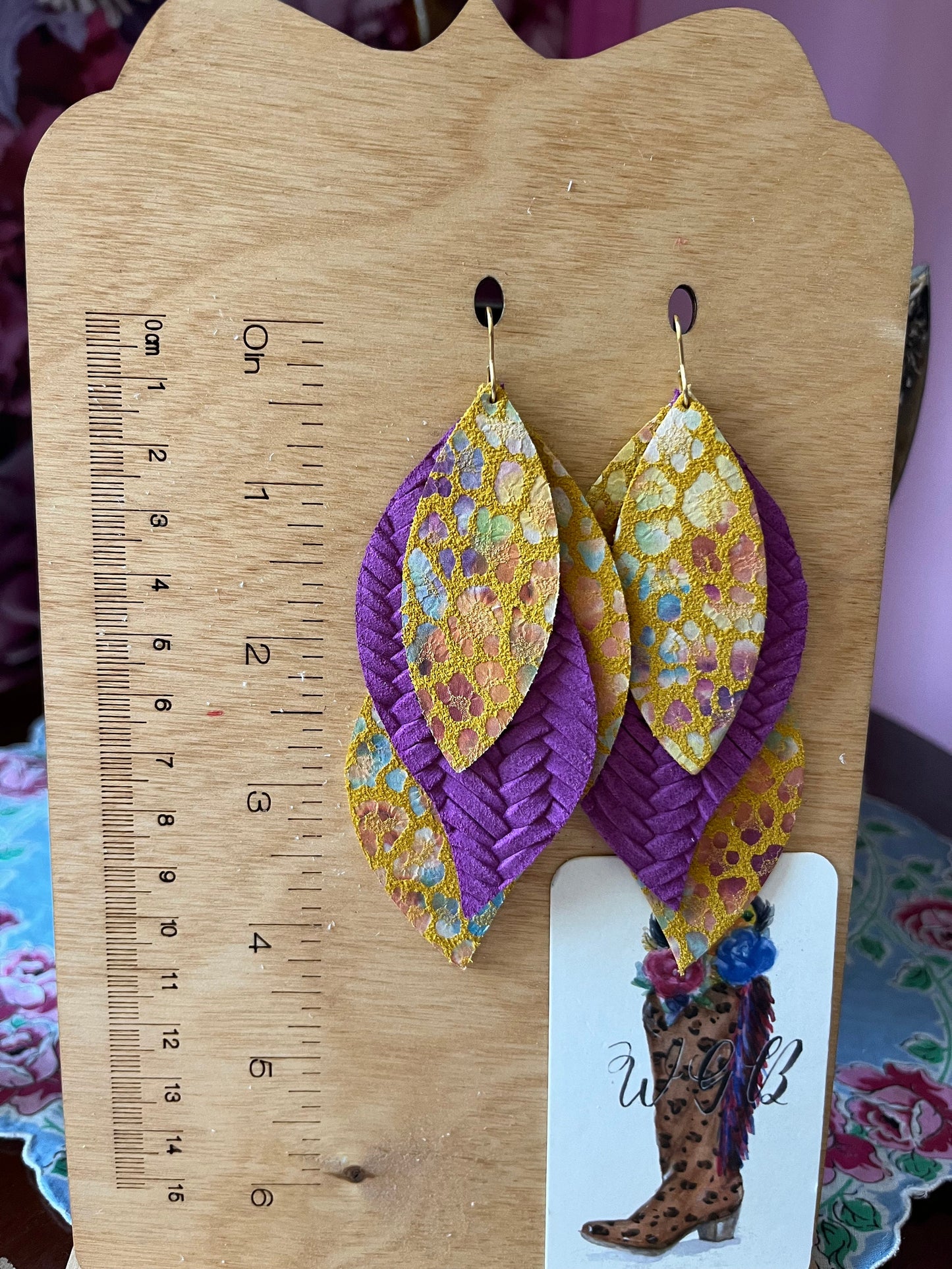 Vibrant Leopard Statement Earrings, Shimmery Rainbow Leopard Print on Yellow Suede, Bright Purple Woven Leather, Layered Petal Earrings