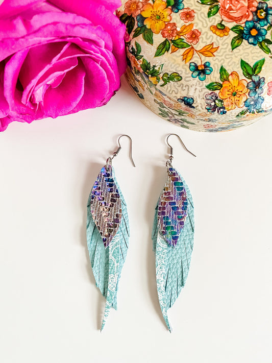 Feather and Fringe Boho Leather Earrings, Iridescent Chevron Print, White Lace on Aqua, Pink Green Blue Metallic Hues, Coastal Cowgirl Style