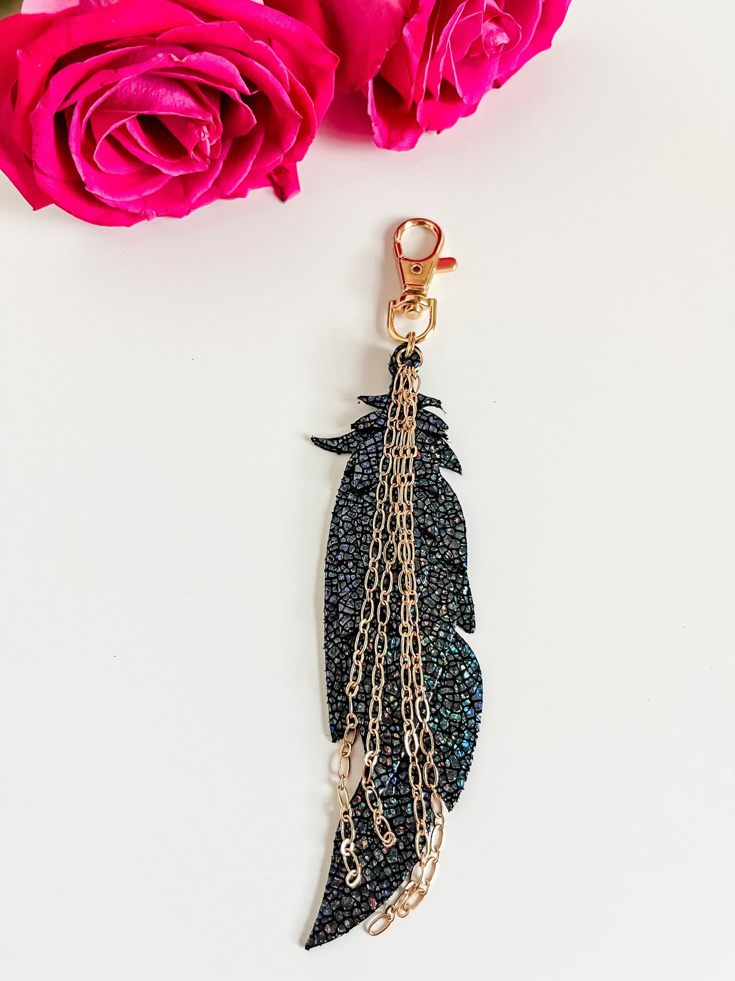 Metallic Black Leather Feather Purse Charm with Gold Chain Tassel, Black Feather Bag Charm, Bag Flair, Purse Swag, Feather Keychain