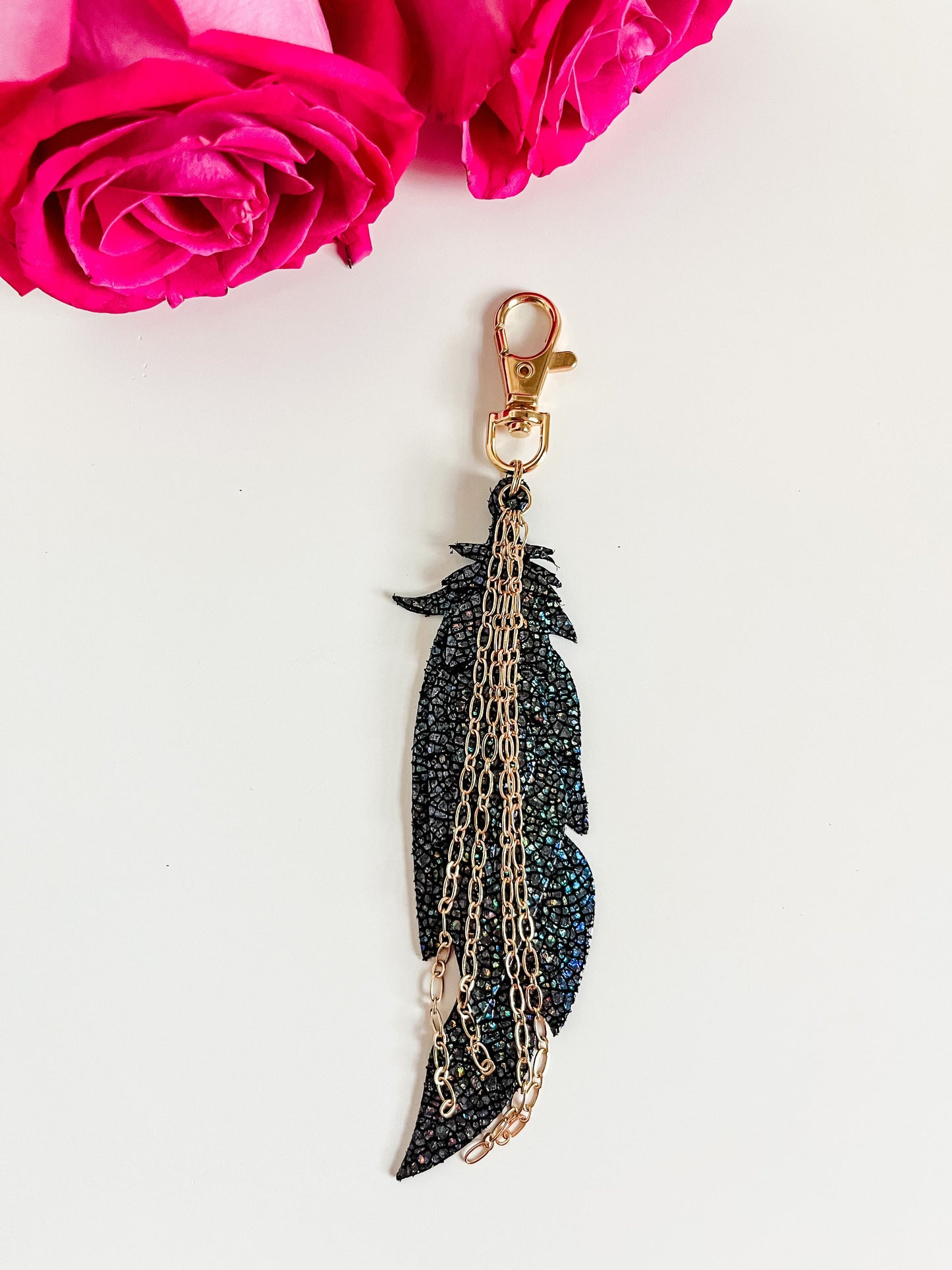 Metallic Black Leather Feather Purse Charm with Gold Chain Tassel, Black Feather Bag Charm, Bag Flair, Purse Swag, Feather Keychain