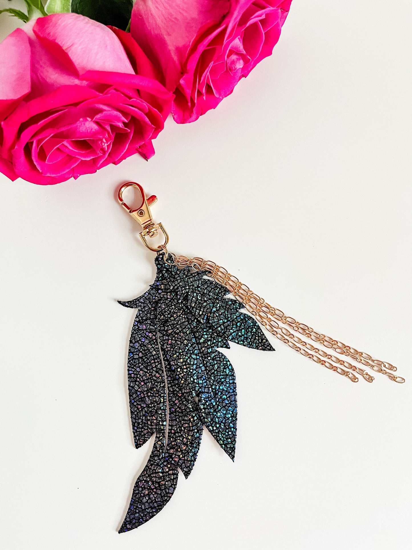 Metallic Black Leather Feather Purse Charm with Gold Chain Tassel, Black Feather Bag Charm, Bag Flair, Purse Swag, Feather Keychain