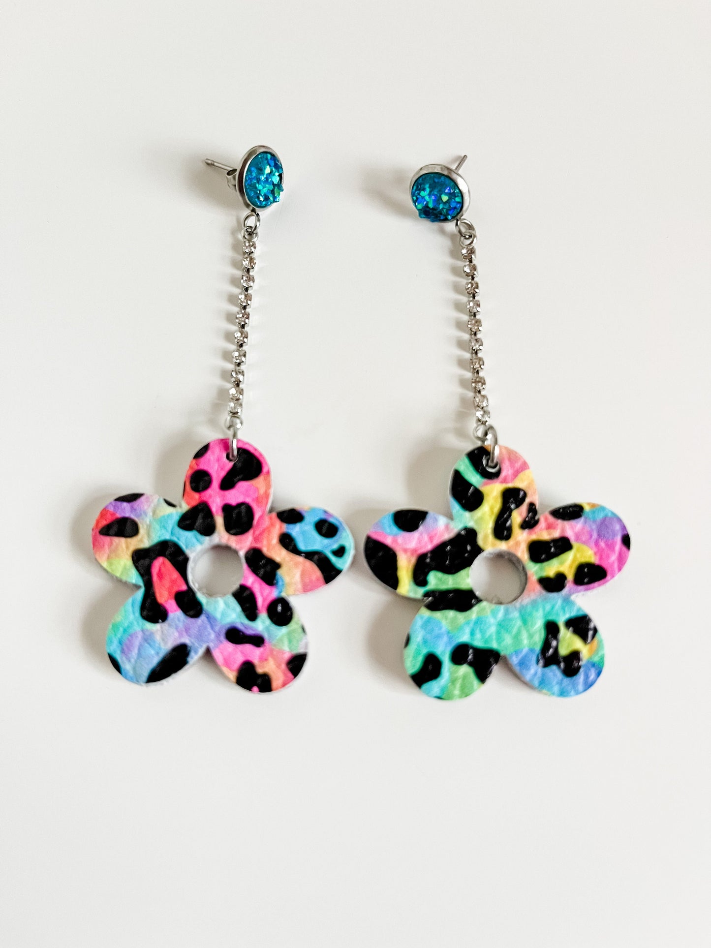 Neon Leopard Print Flower Earrings, Cute Flower Dangle Earrings with Rhinestone Chain, Lisa Frank Inspired Earrings, Quirky Retro Earrings