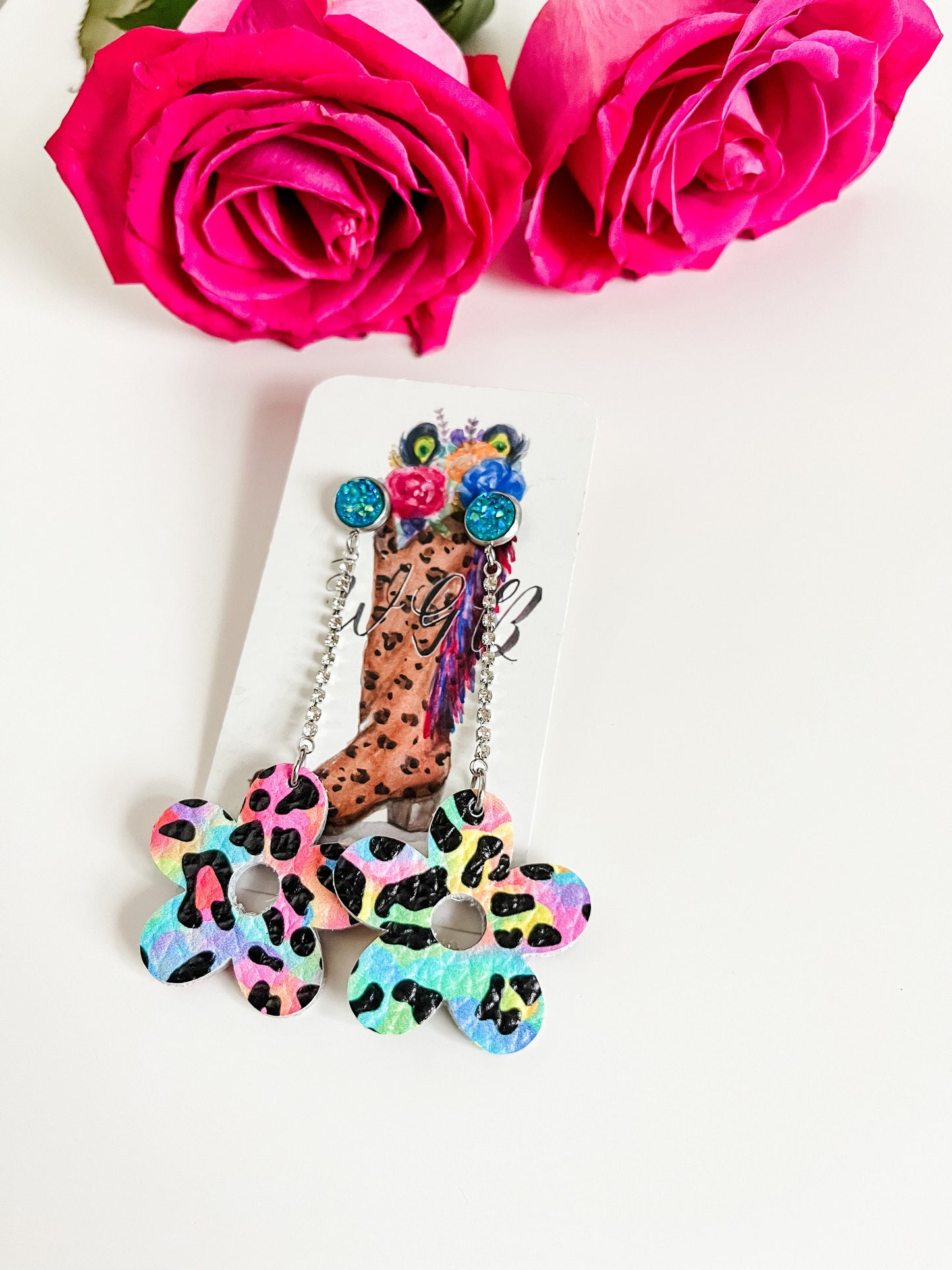 Neon Leopard Print Flower Earrings, Cute Flower Dangle Earrings with Rhinestone Chain, Lisa Frank Inspired Earrings, Quirky Retro Earrings