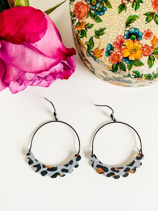 Black and Silver Leopard Hoop Earrings, Glitter Leopard Print Leather, Black Arch Hoop Earrings with Scalloped Dangles, Unique Hoop Earrings