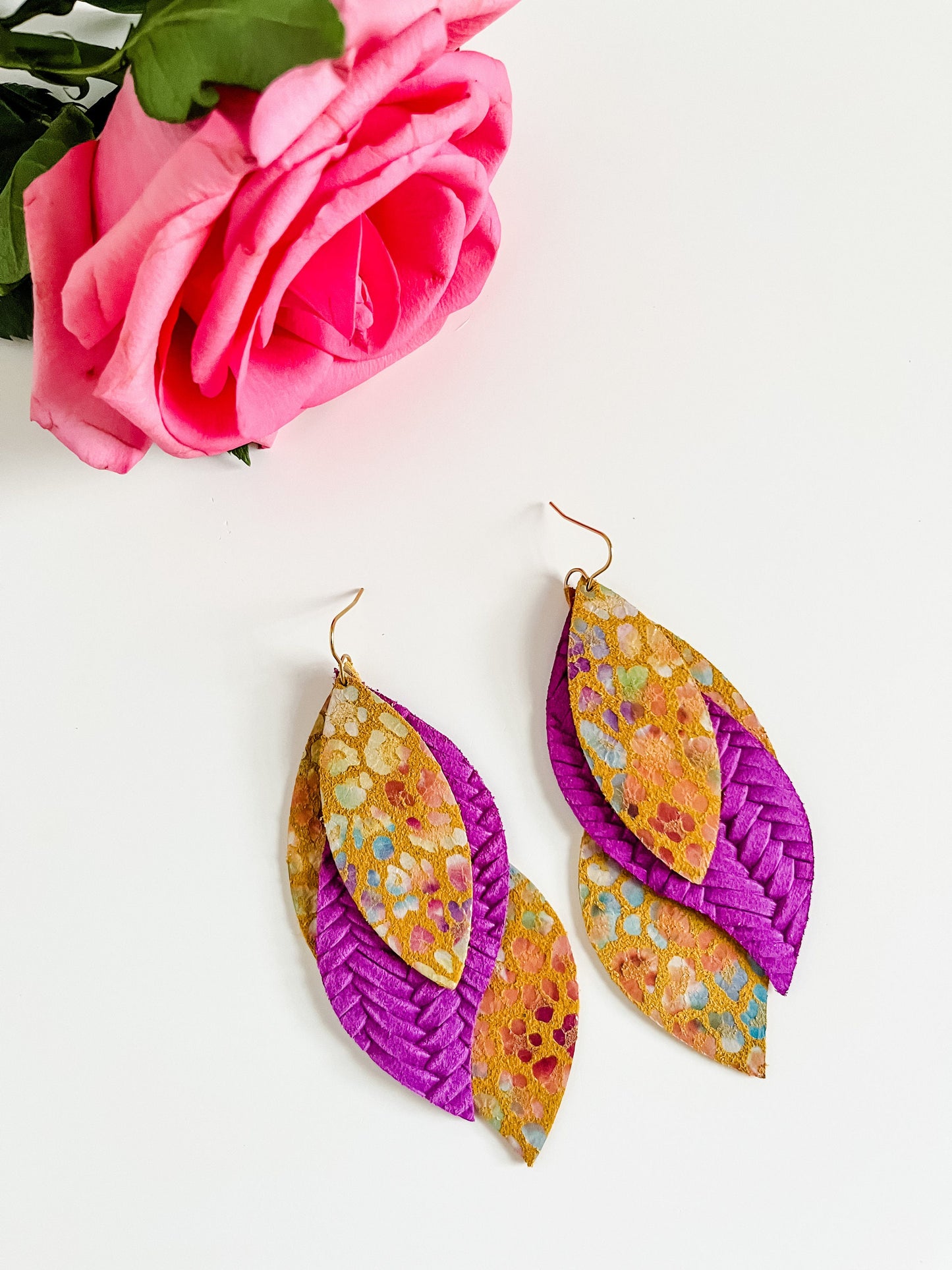 Vibrant Leopard Statement Earrings, Shimmery Rainbow Leopard Print on Yellow Suede, Bright Purple Woven Leather, Layered Petal Earrings