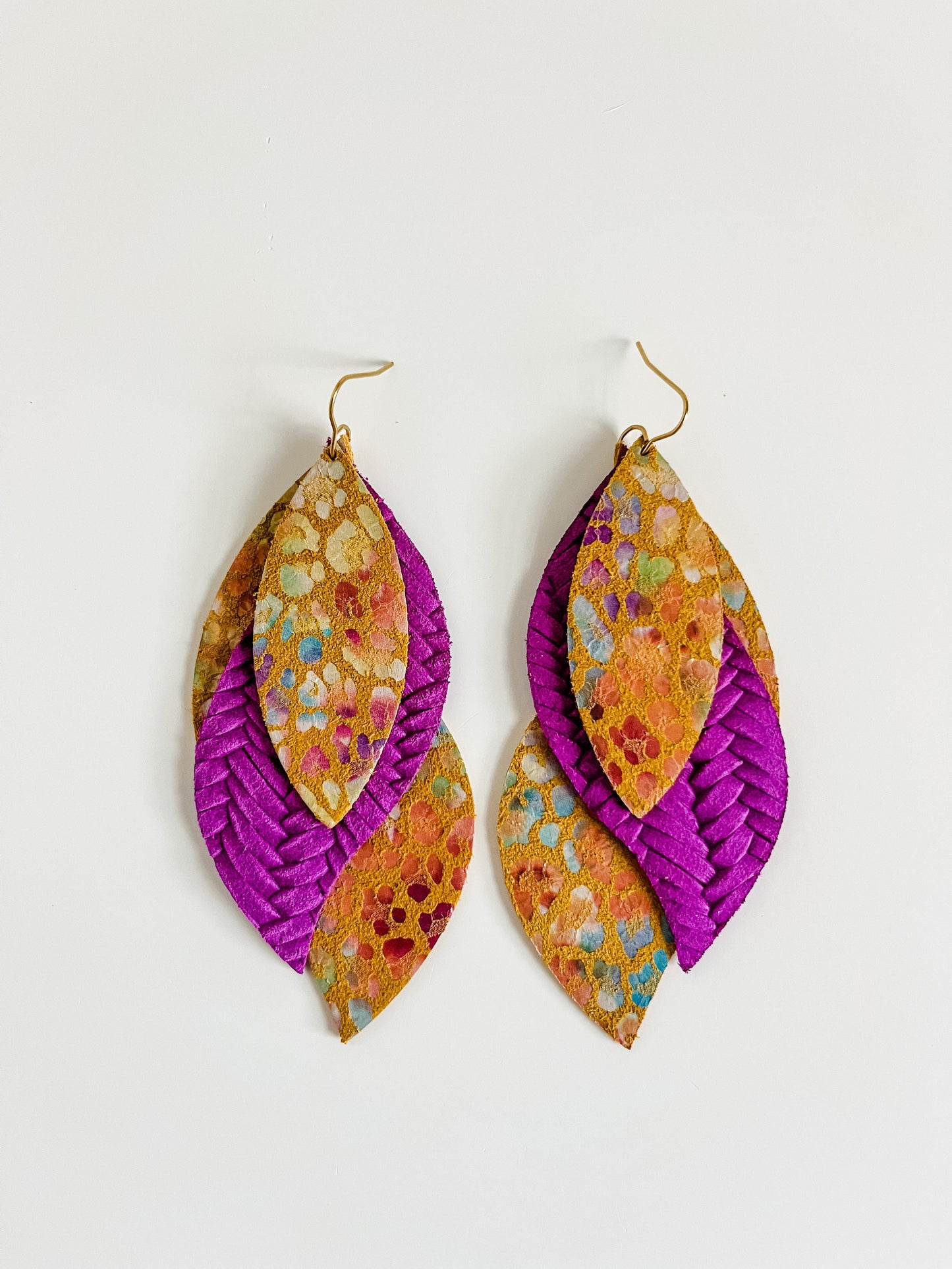 Vibrant Leopard Statement Earrings, Shimmery Rainbow Leopard Print on Yellow Suede, Bright Purple Woven Leather, Layered Petal Earrings