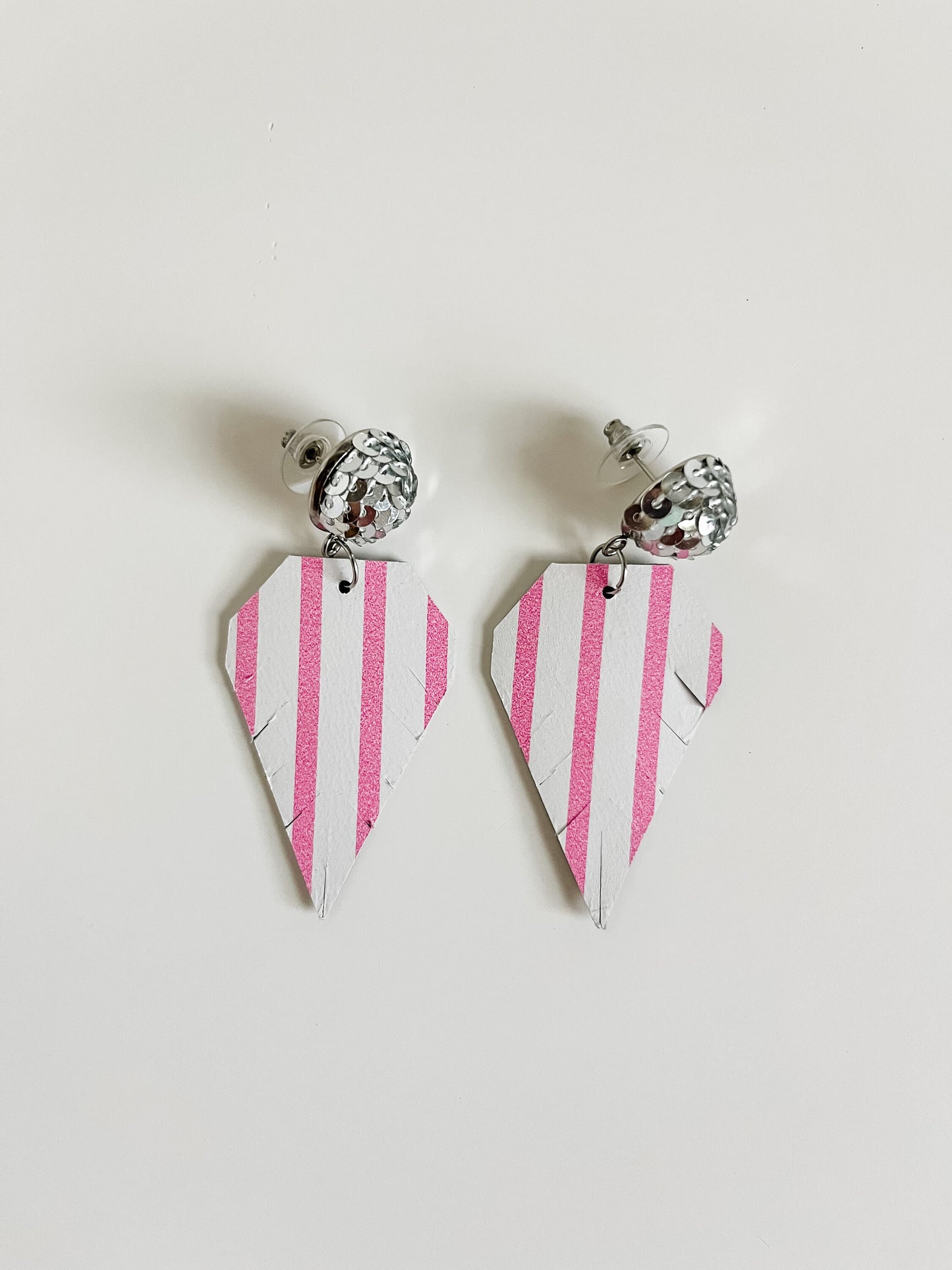 Pink and White Striped Earrings with Silver Sequins, Pink Diamond Shaped Fringe Earrings, Coquette Chic Earrings, Bachelorette Party Earring