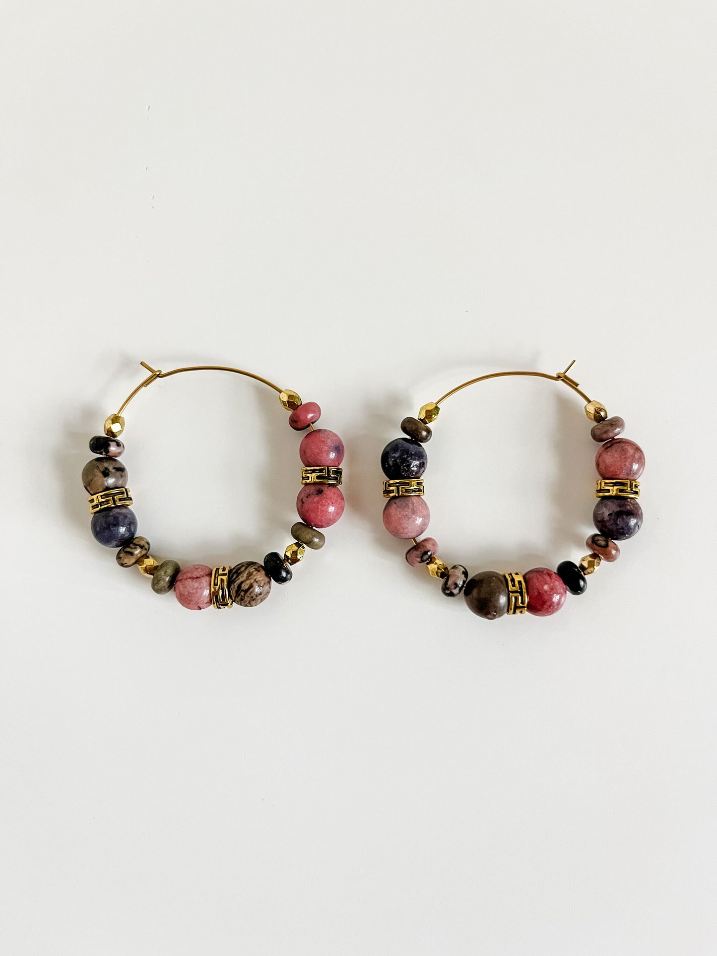 Boho Big Bead Hoop Earrings, Boho Tribal Chic Earrings, Western Coastal Cowgirl Chic Earrings, Bronze and Rhodonite Beaded Earrings